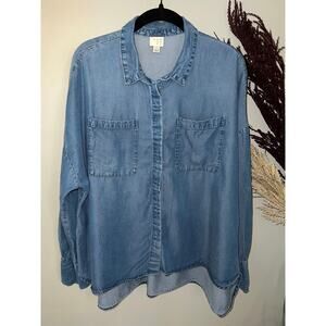 A New Day L chambray denim-look button down top 100% lyocell pocket front blouse